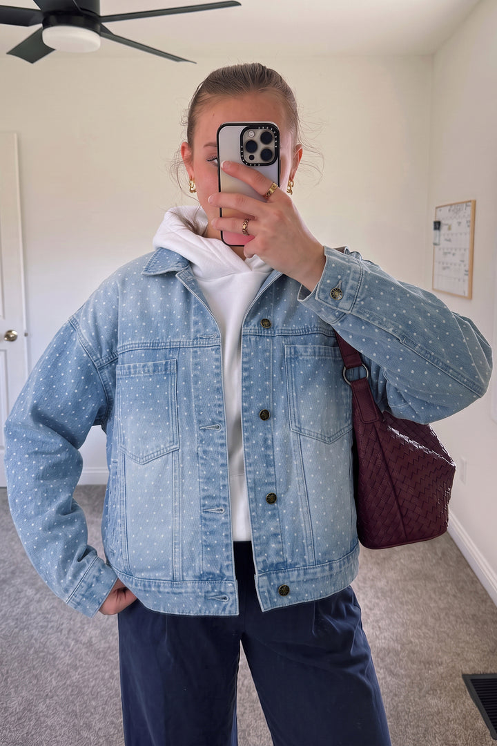 Sky Blue Polka Dot Long Sleeve Collar Pocket Casual Shift Silhouette Denim Jacket