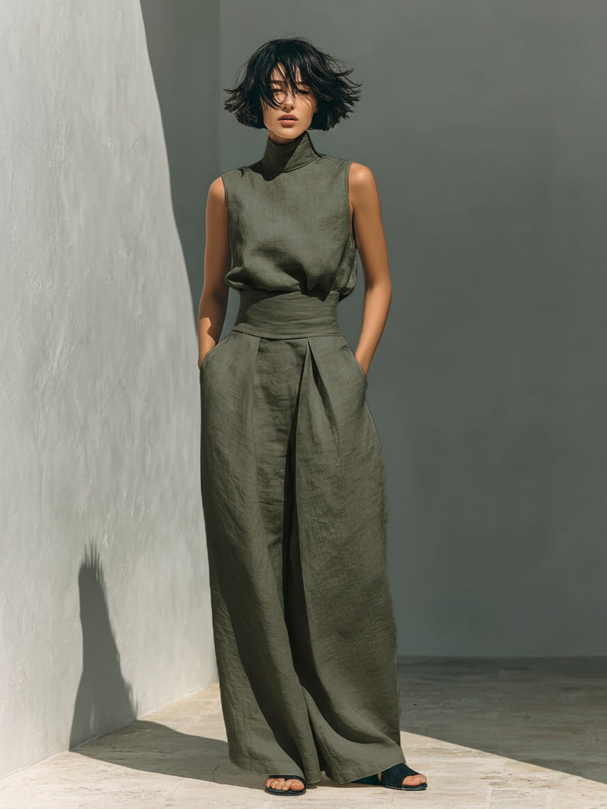 Women’s Cotton Linen Two-Piece Set – Sleeveless Top &amp; Wide-Leg Pants