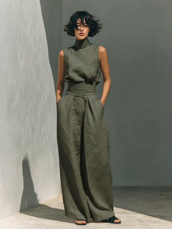 Women’s Cotton Linen Two-Piece Set – Sleeveless Top &amp; Wide-Leg Pants