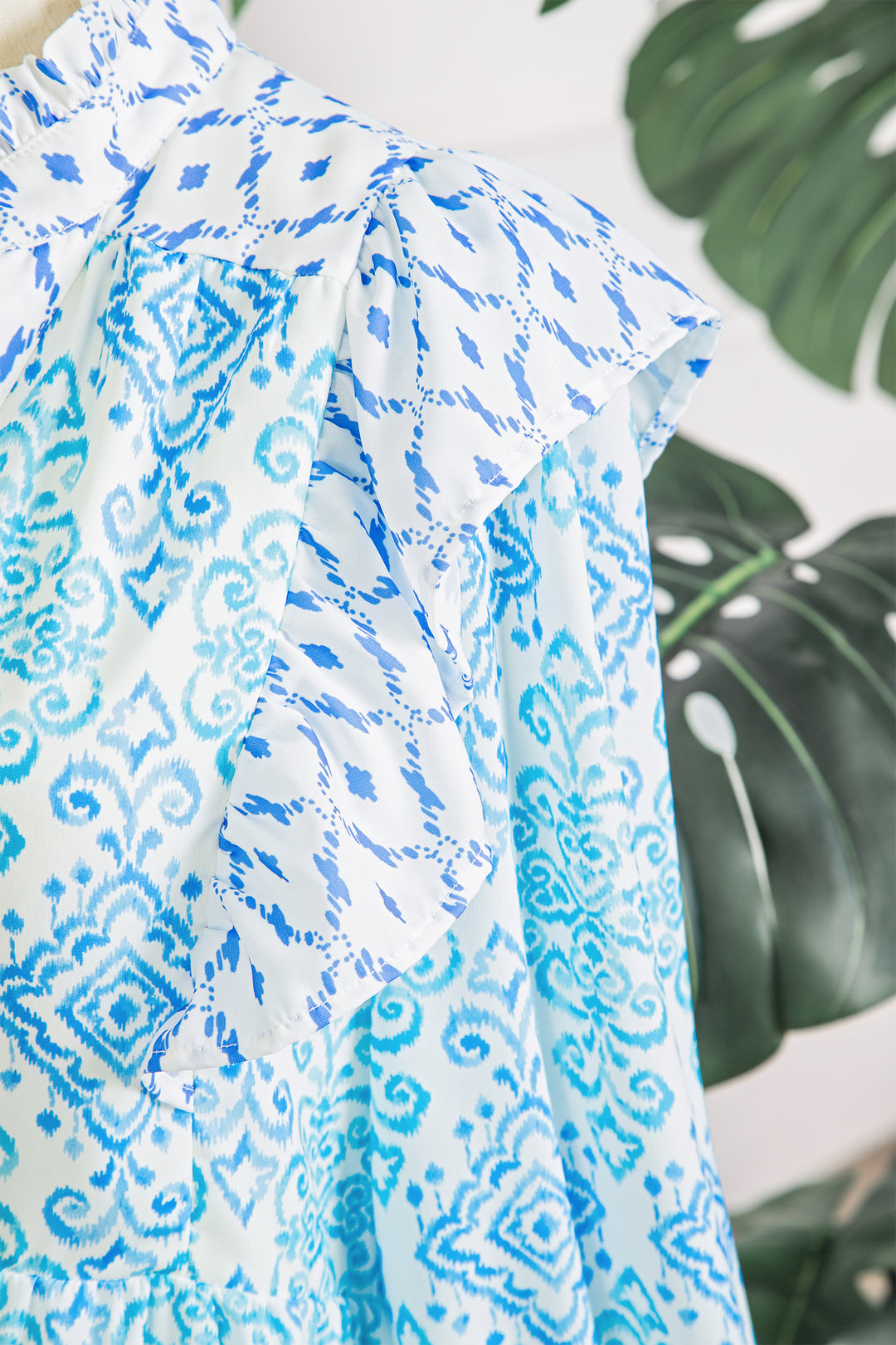 Sky Blue Boho Floral Geometric Patchwork Ruffle Detail Puff Sleeve Mini Dress