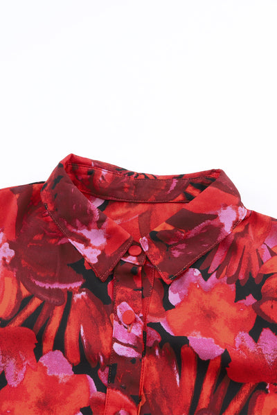 Fiery Red Floral Print Lantern Sleeve Shirt