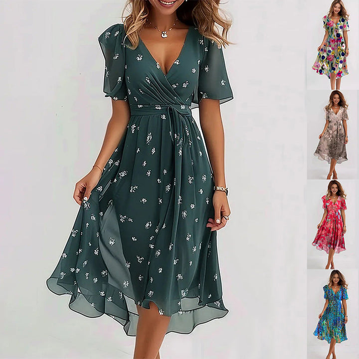 Chiffon Print V-Neck Dress – Elegant Two-Piece Set Midi Dress