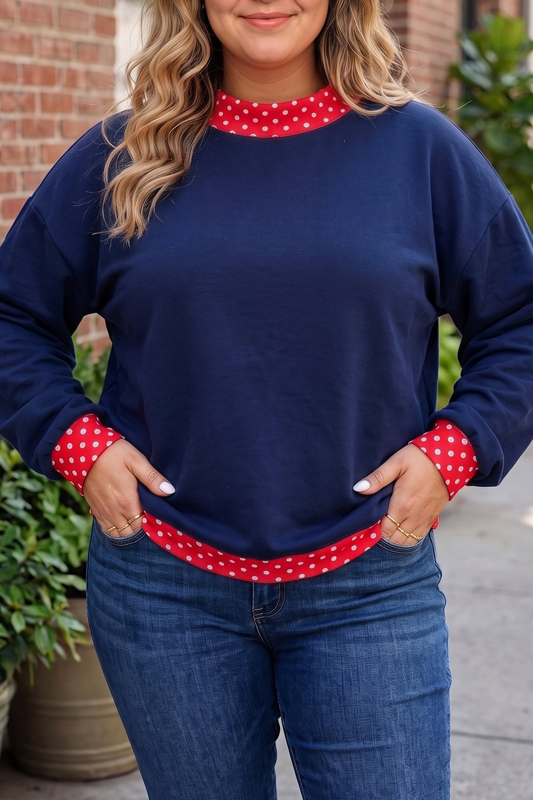Orange Polka Dot Patchwork Round Neck Plus Size Sweatshirt