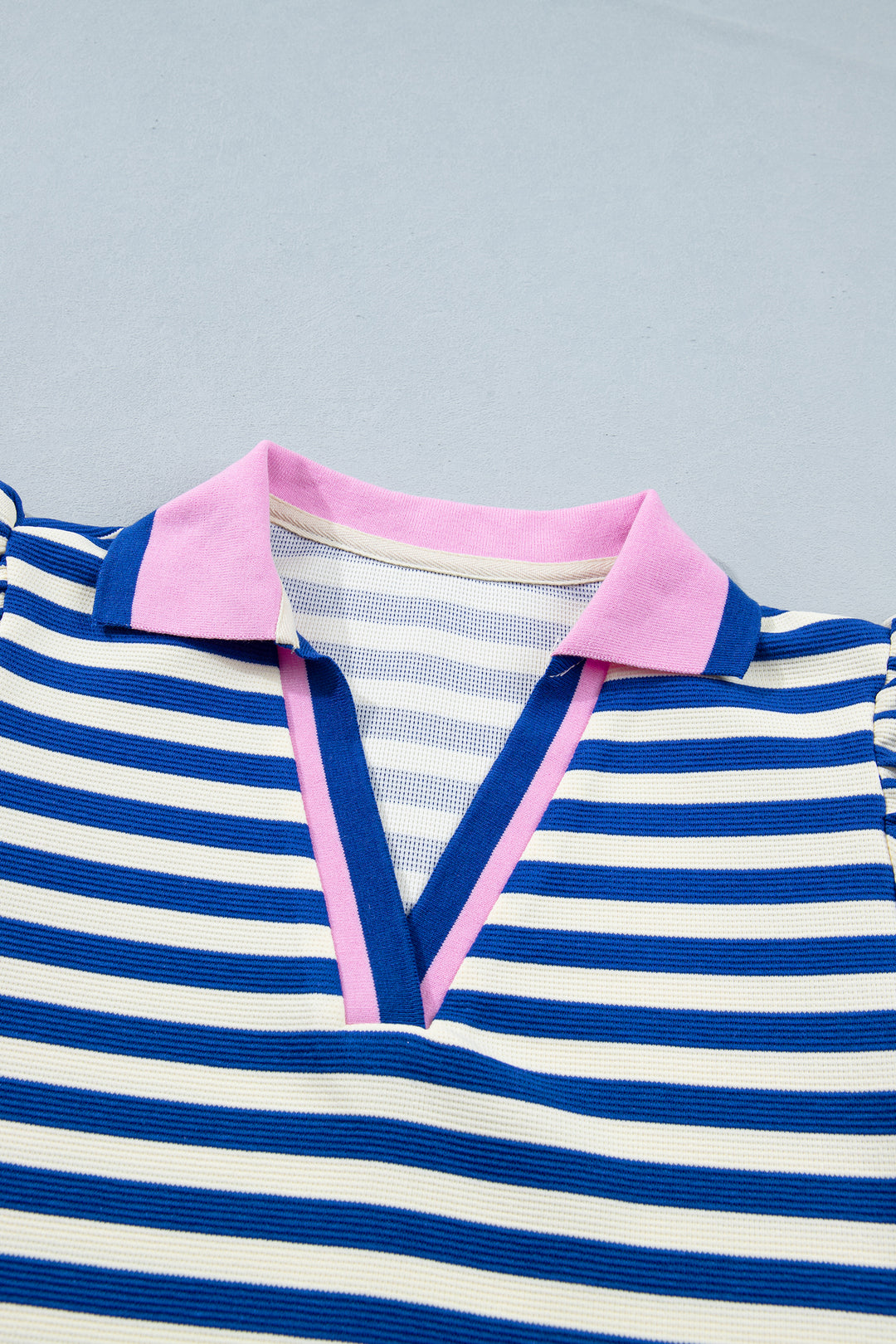 Rose Stripe Contrast Trim Polo Collar Ruffled Short Sleeve Blouse