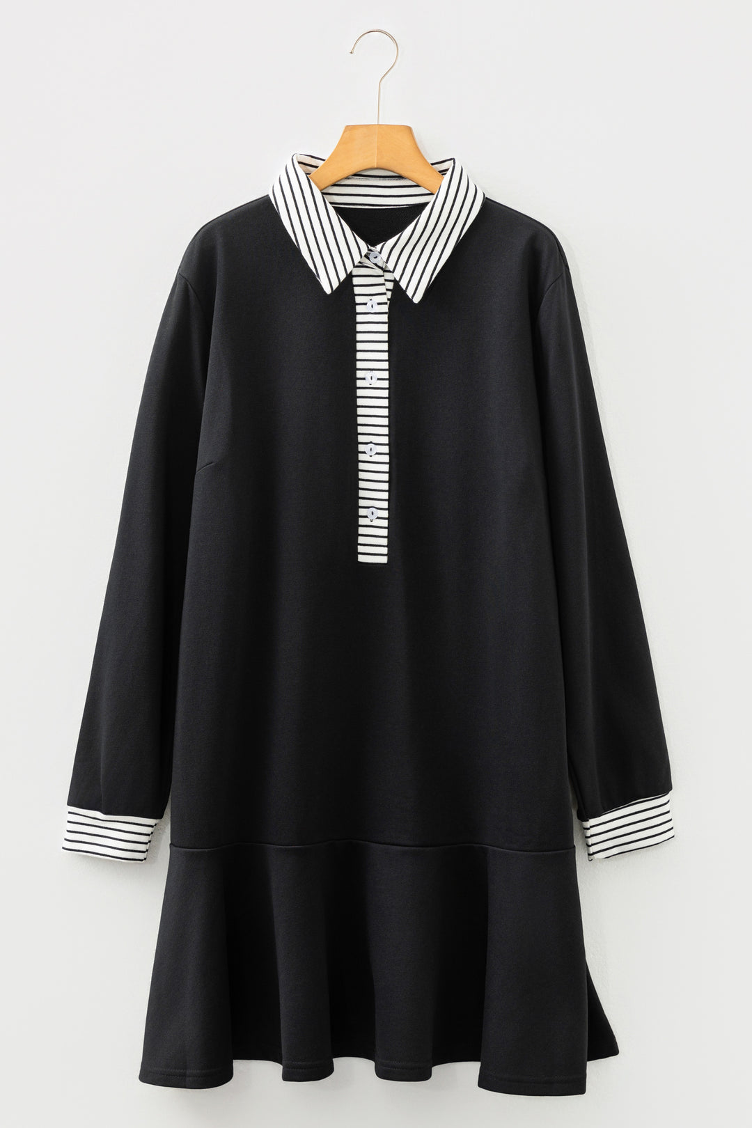 Black Plus Size Striped Cuffs Polo Collar Patchwork Long Sleeve Ruffle Hem Dress