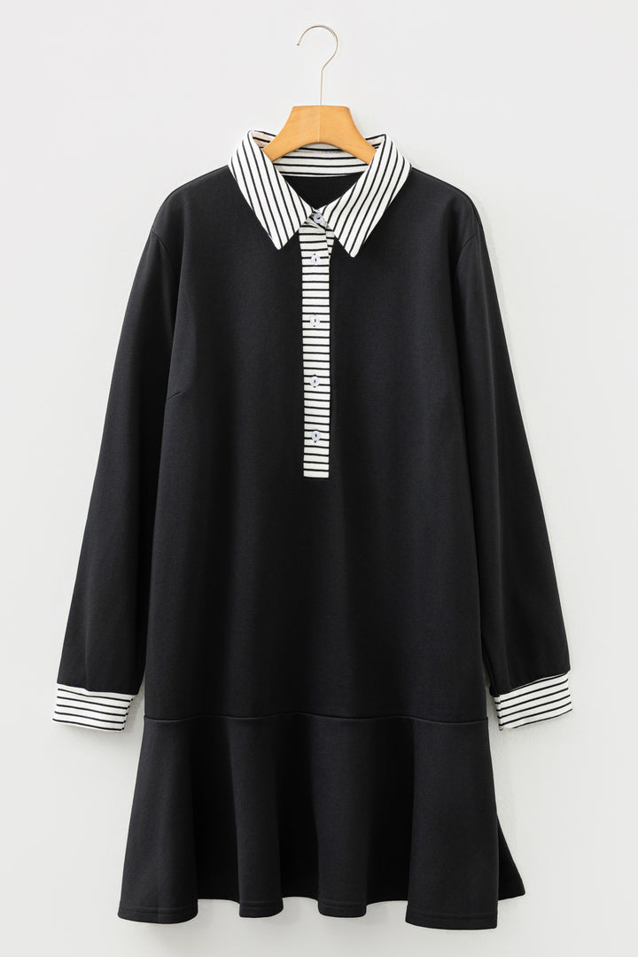 Black Plus Size Striped Cuffs Polo Collar Patchwork Long Sleeve Ruffle Hem Dress