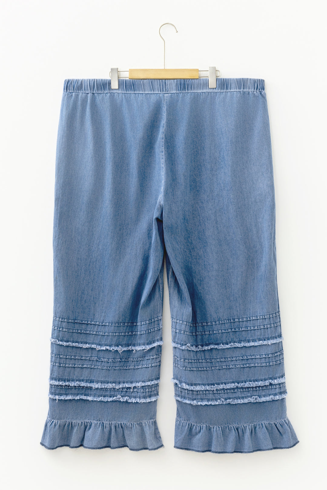 Dusk Blue Tiered Raw Edge Ruffled Plus Size Wide Leg Denim Pants
