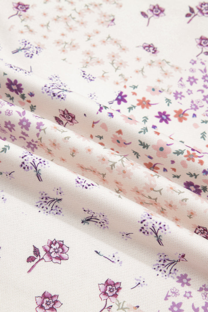 Purple Floral Print High Neck Colorblock Sleeve Paneling Sweatshirt