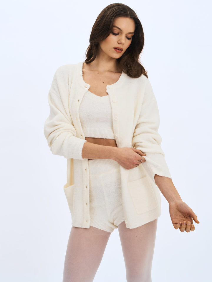 Orla White Wool-Blend Ribbed Knit Cardigan