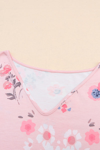 Pink V Neck Floral Print T-shirt