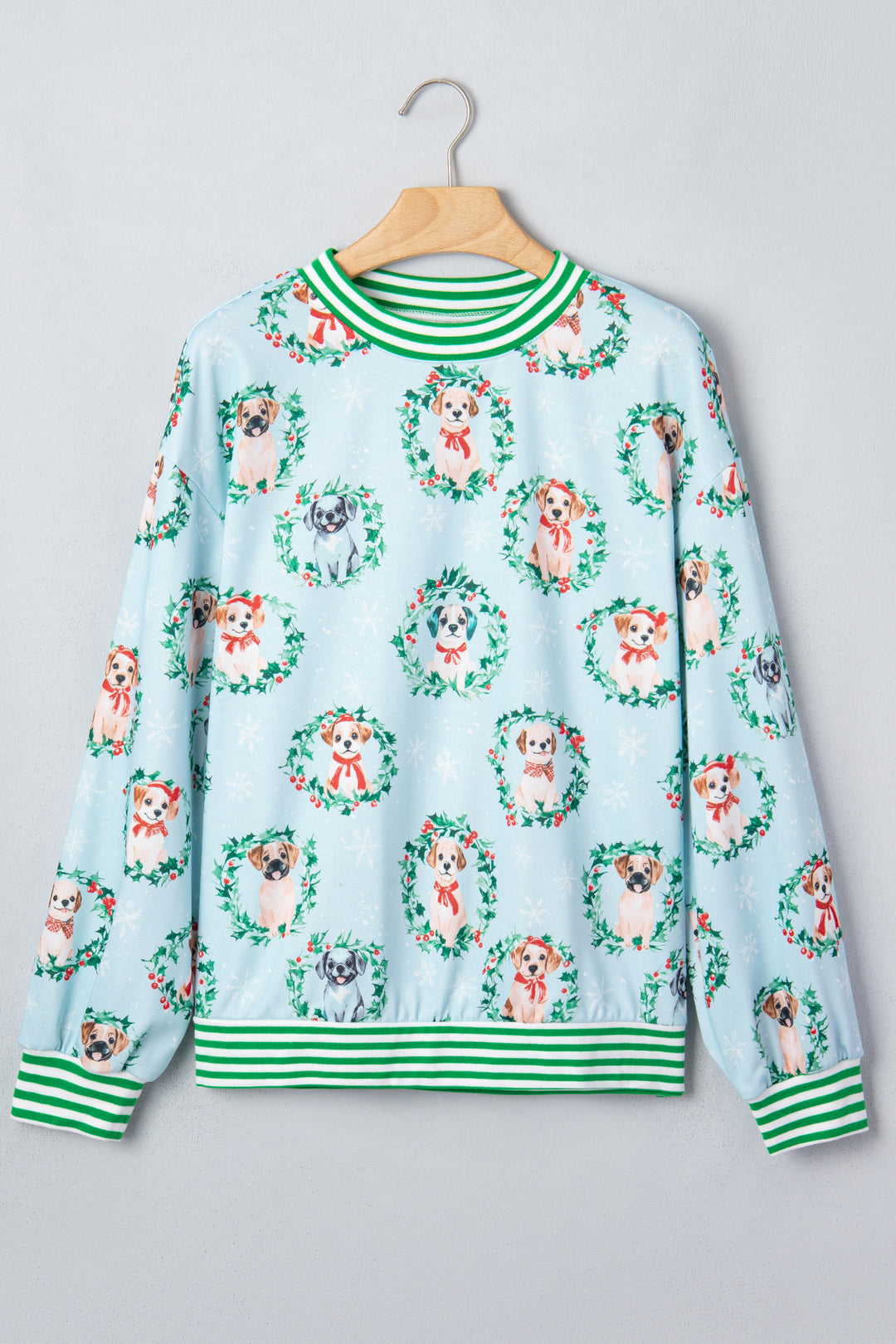 Sky Blue Abstract Dog Print Ribbed Cuff Round Neck Long Sleeve Sweatshirt