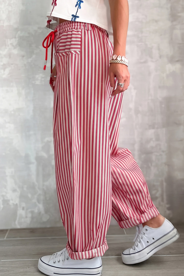 Red Stripe Drawstring Casual Loose Pants