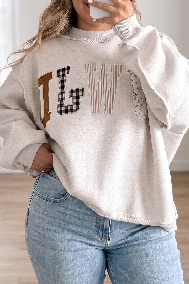 Gray WWJD Mix Pattern Letter Graphic Exposed Seam Loose Plus Size Sweatshirt