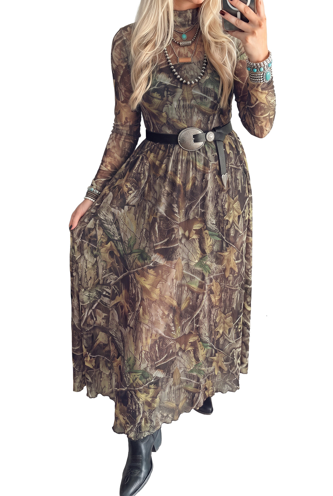 Brown Western Print Mesh Long Sleeve Maxi Dress