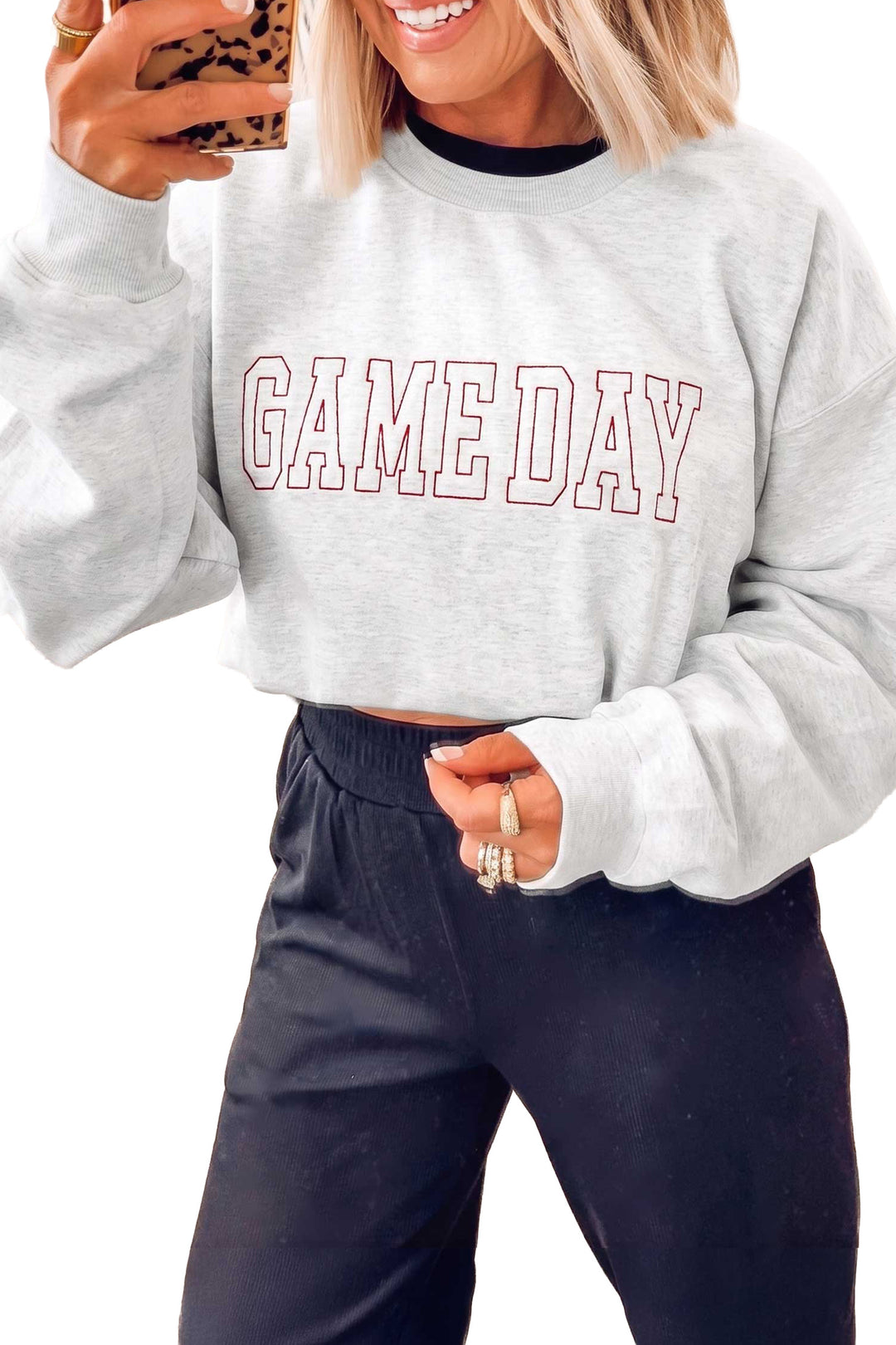 Light Grey Game Day Letter Embroidery Long Sleeve Round Neck Sweatshirt