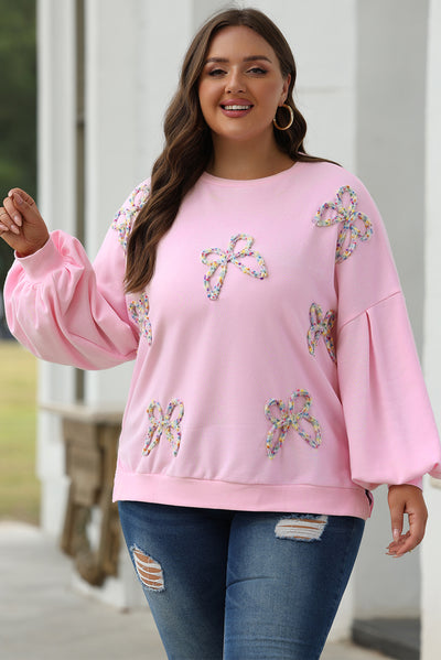 Parchment Embroidered Bow Lantern Sleeve Oversized Pullover Sweatshirt