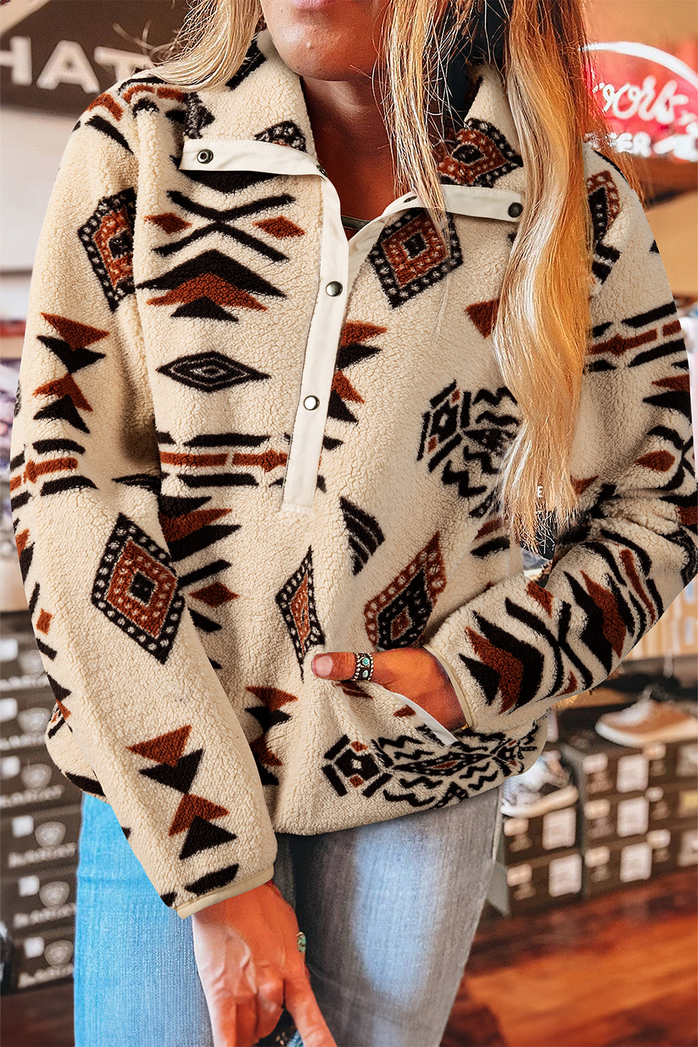 Black Western Aztec Half Placket Plush Sweatshirt