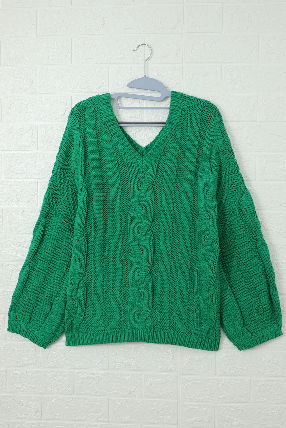 Green Bubblegum V-Neck Braided Knit Sweater