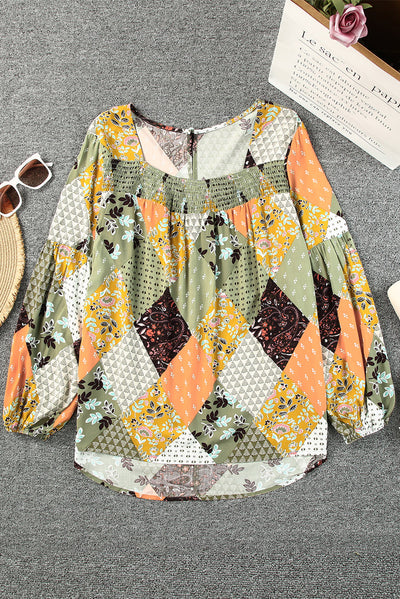 Green Square Neck Mixed Print Blouse