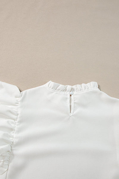 White Solid Color Scalloped Ruffle Sleeve Top