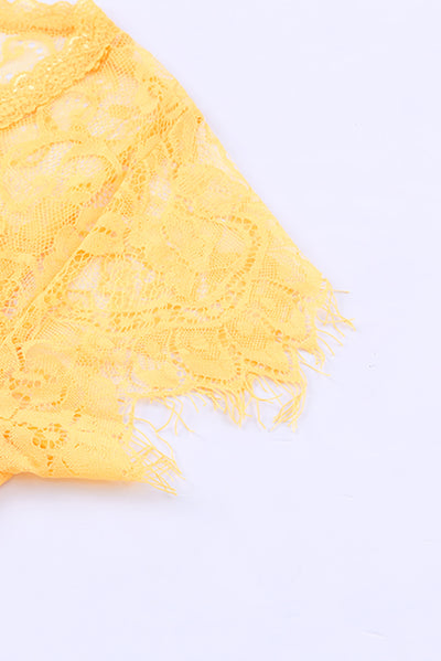 Yellow Lace Crochet Short Sleeve U Neck T Shirt