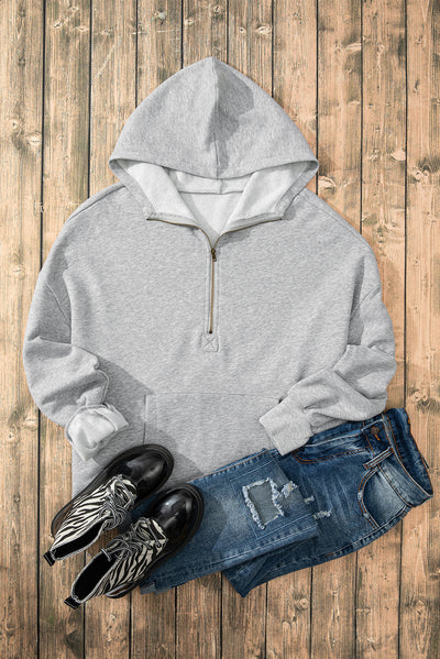 Light Grey Fleece Lined Half Zipper Kangaroo Pockets Loose Hoodie