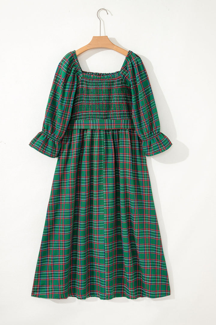 Green Tartan Plaid Square Neck Puff Sleeve Knot Waist Flared Midi Dress