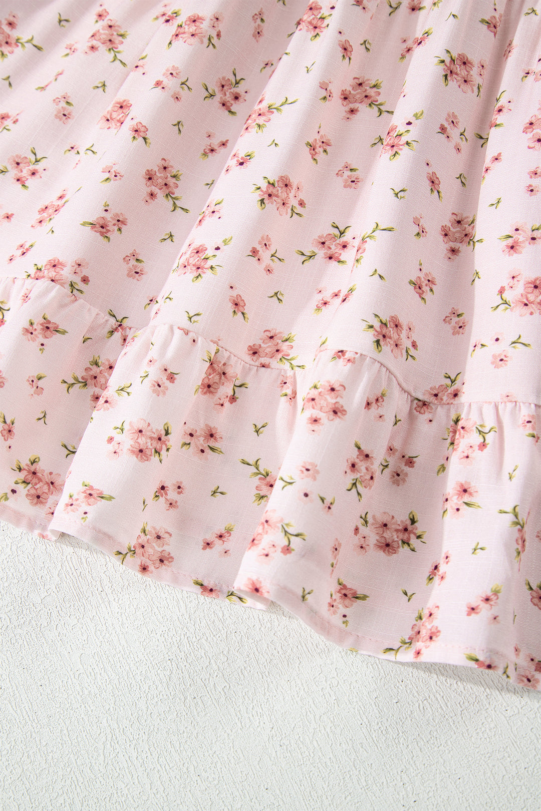 Pink Front Tie Shirred Waist Short Sleeve Ruffled Floral Mini Dress