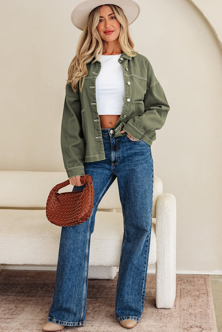 Smoke Green Patched Pocket Collared Button Front Boyfriend Denim Jacket
