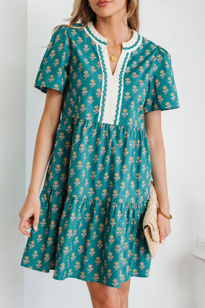 Green Contrast Trim V Neck Short Sleeve Floral Dress