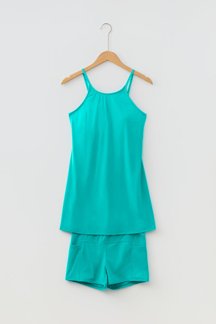 Bright Pink Solid Color Tunic Tank Dress Athletic Shorts Two Piece Set