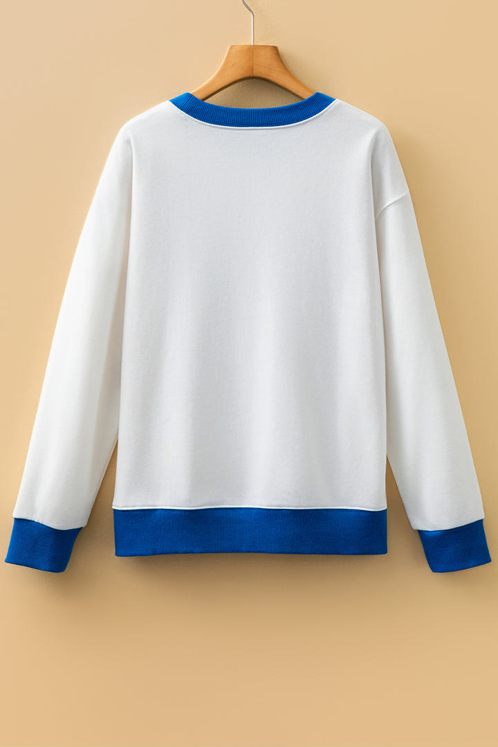 White GAME DAY Letter Graphic Varsity Striped Detail Baggy Sweatshirt