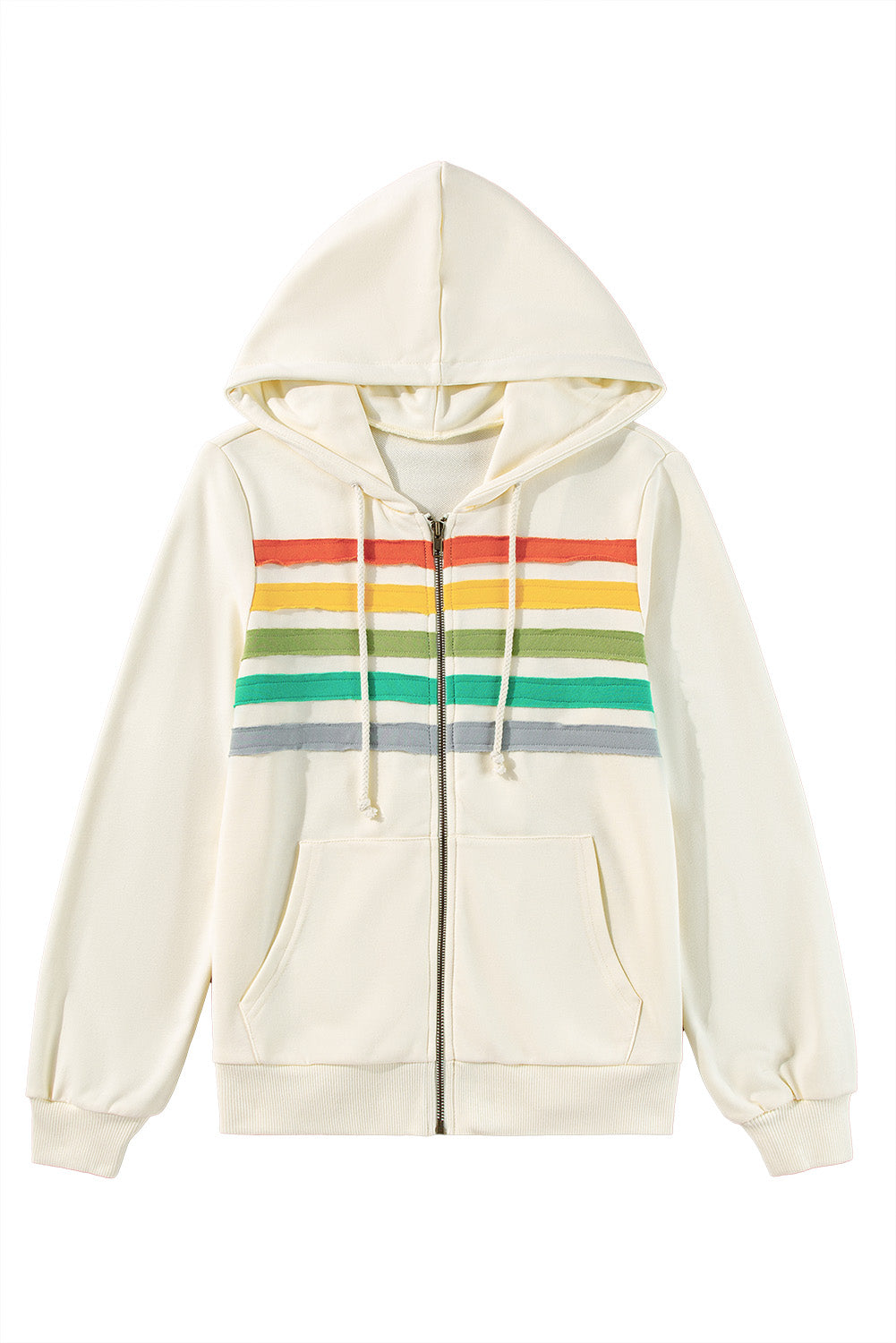 Apricot Colorblock Striped Patchwork Side Pockets Zipper Hoodie