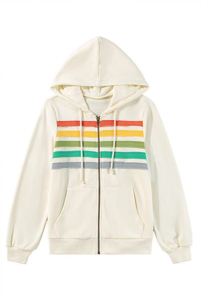 Apricot Colorblock Striped Patchwork Side Pockets Zipper Hoodie