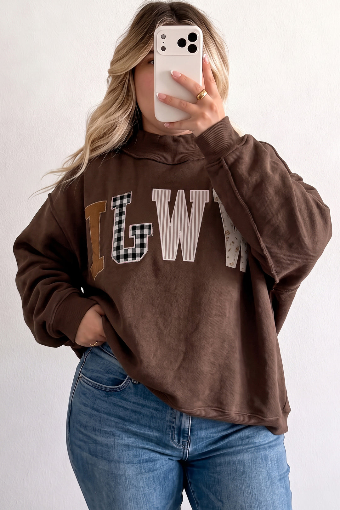 Coffee WWJD Mix Pattern Letter Graphic Exposed Seam Loose Plus Size Sweatshirt