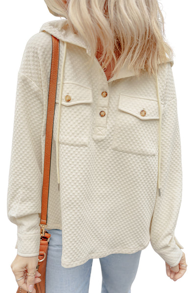 Apricot Textured Buttoned Neckline Side Pockets Hoodie