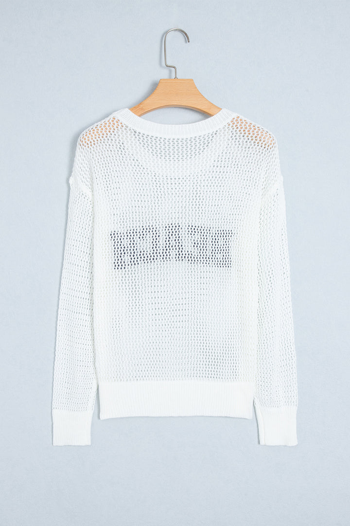White Chenille BEACH Lettering Hollow Out Knit Casual Sweater