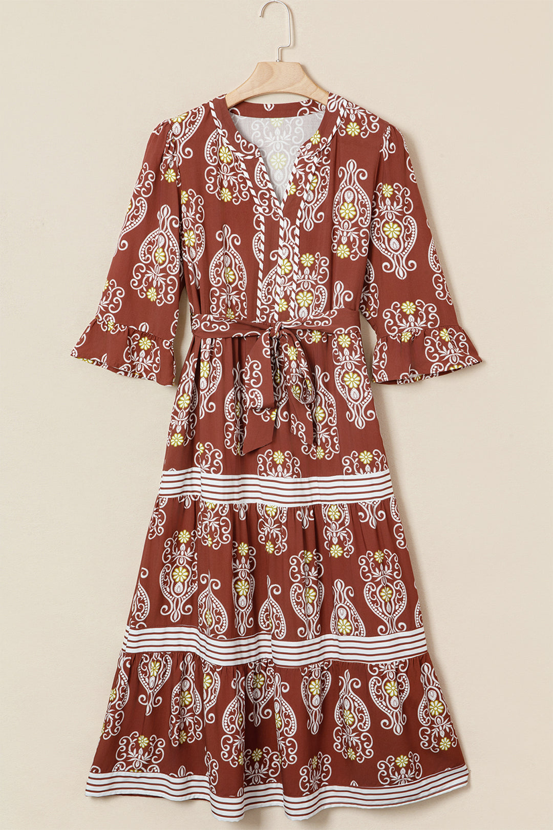 Brown Floral Print Belted Striped Trim Tiered Maxi Dress