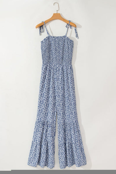 Dusk Blue Thin Straps Smocked Bodice Wide Leg Floral Jumpsuit