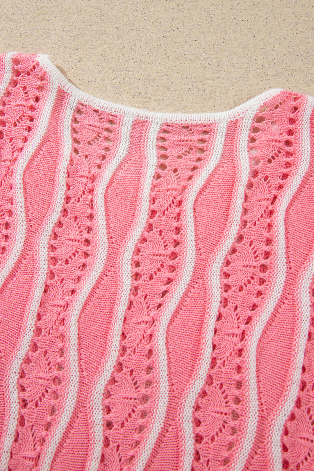 Khaki Wavy Detail Hollow Out Knit Long Sleeve Cotton Pullover Sweater