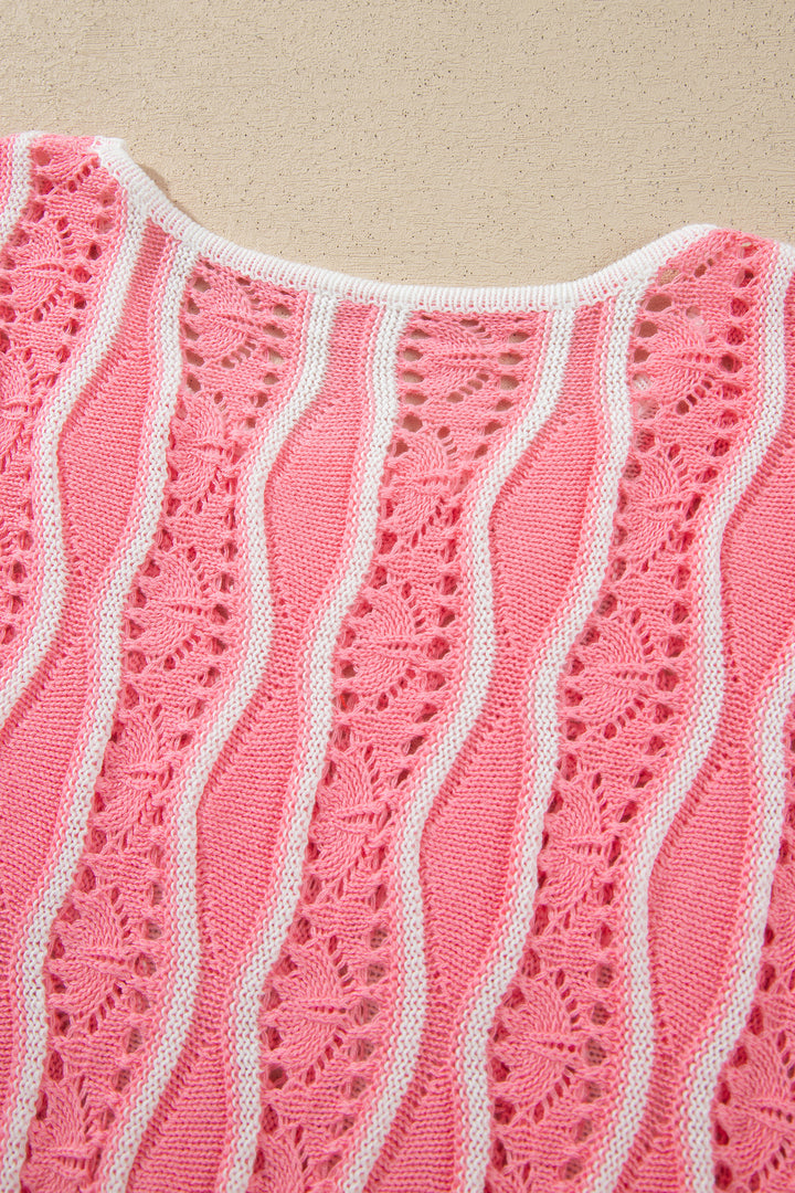 Khaki Wavy Detail Hollow Out Knit Long Sleeve Cotton Pullover Sweater