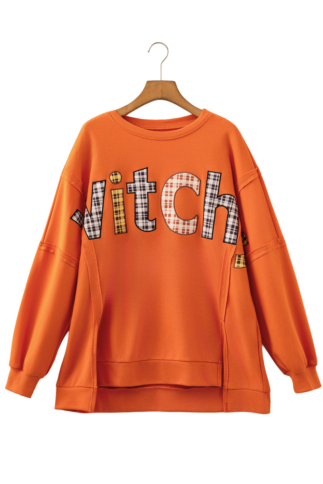 Flamingo Halloween Witchy Plaid Slogan Embroidered Patch Tunic Sweatshirt