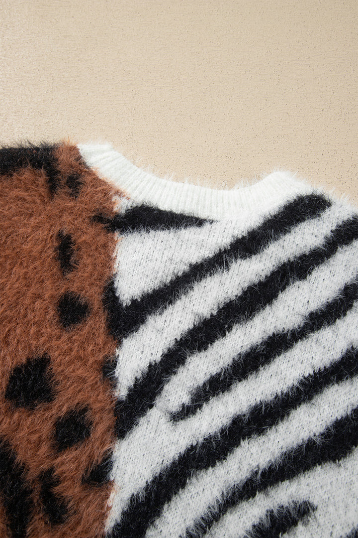 Coffee Western Leopard Zebra Print Long Sleeve Round Neck Sweater