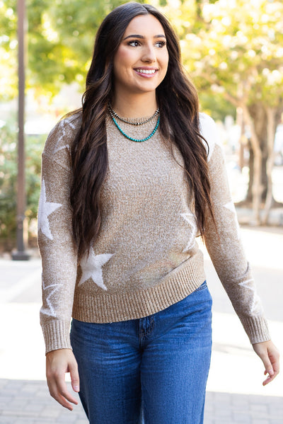 Khaki Star Pattern Drop Shoulder Sweater