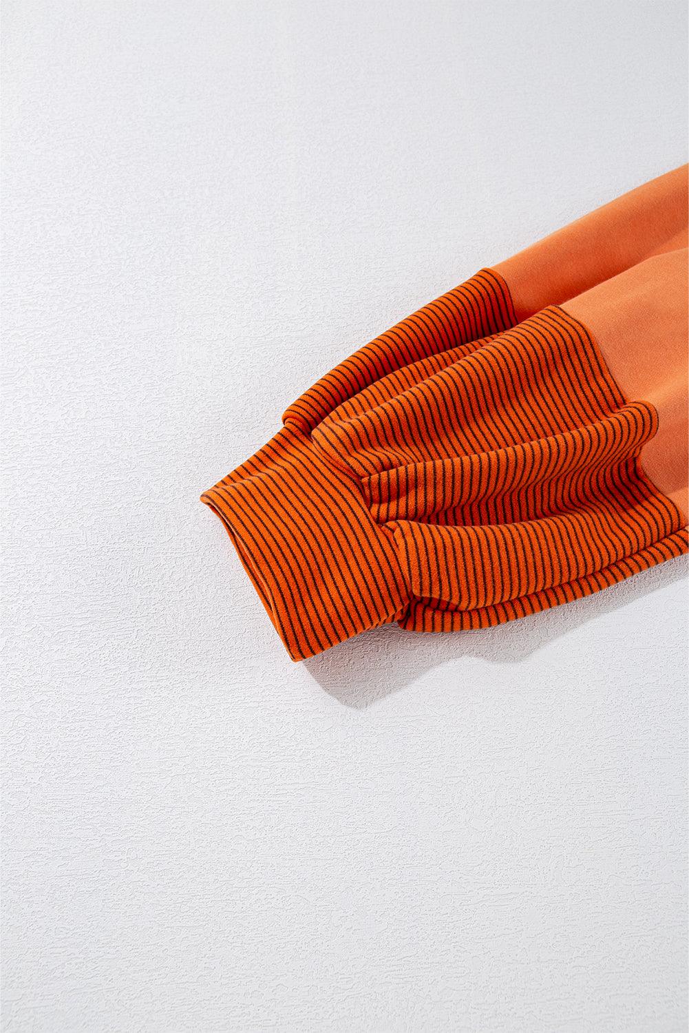 Orange Stripe Exposed Seam Henley Turn-down Neck Puff Sleeve Sweatshirt