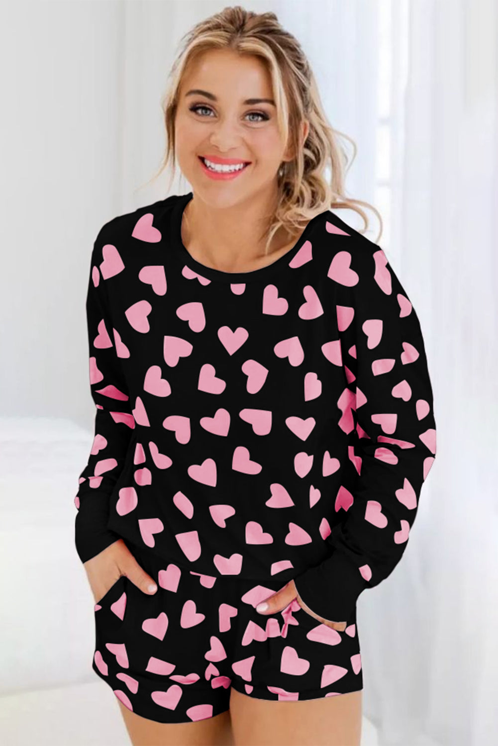 Pink Valentine Heart Shape Print Long Sleeve Top Shorts Lounge Set