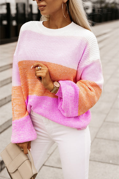 Pink Colorblock Drop Shoulder Pullover Loose Sweater