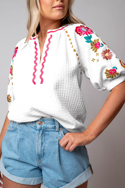 White Floral Embroidered Ricrac Puff Sleeve Textured Blouse