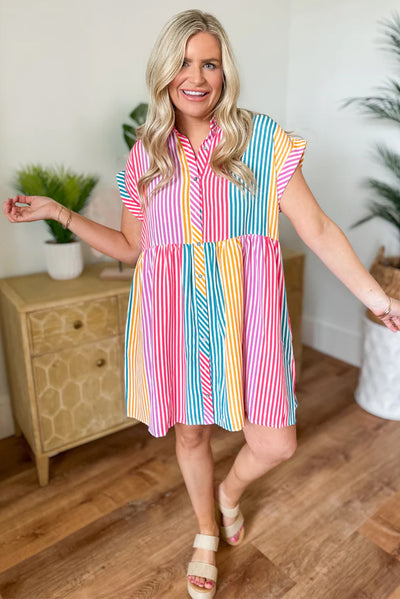 Multicolour Colorblock Striped Short Sleeve Buttoned Shirt Dress