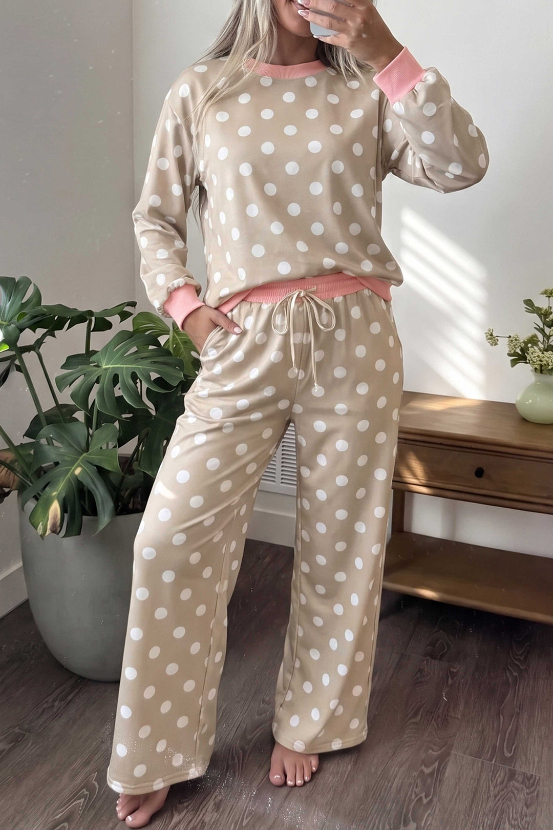 Khaki Polka Dot Contrast Trim Long Sleeve Top Drawstring Shift Pants Set